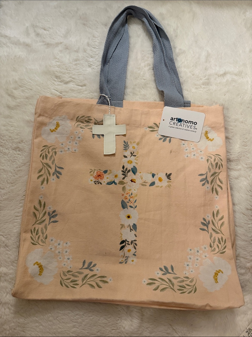 NWT, Peach Floral Cross Tote Bag with Blue Handles